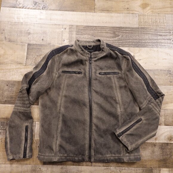 Rock & Republic Faux Leather Moto Jacket Men’s Large Gray Distressed Biker - Picture 1 of 15